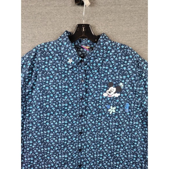 Disney Tops - Mickey Womens Shirt‎ Plus 18W 20W Blue Ditsy Floral Embroidered Mickey Vtg Logo